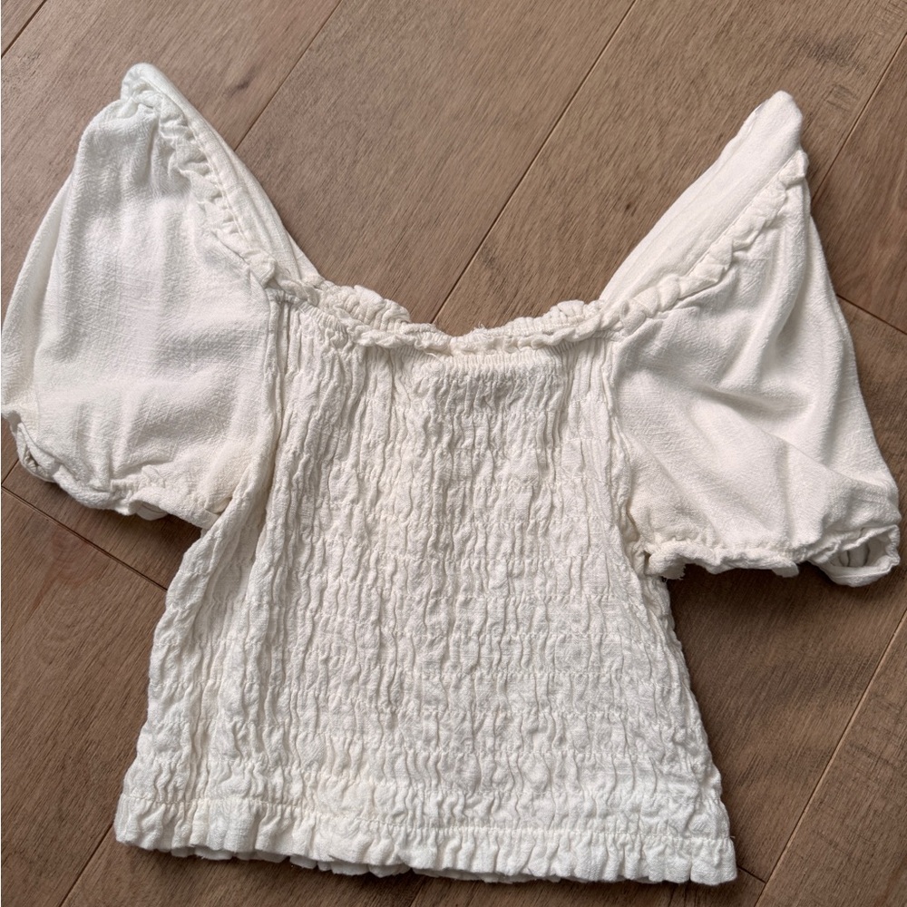 Abercrombie & Fitch White Puff Sleeve Blouse with Smocked Ruffles